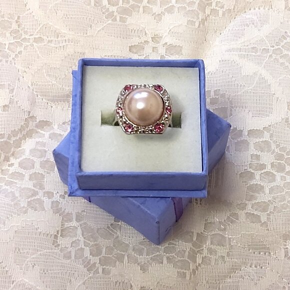 VTG Girls Women’s Pearl Pink Crystal Silver Tone Adjustable Vintage Ring - Picture 5 of 7